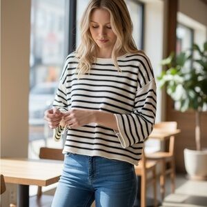 Promesa Cream & Black Striped Textured Knit Sweater Coastal Parisian Chic, S